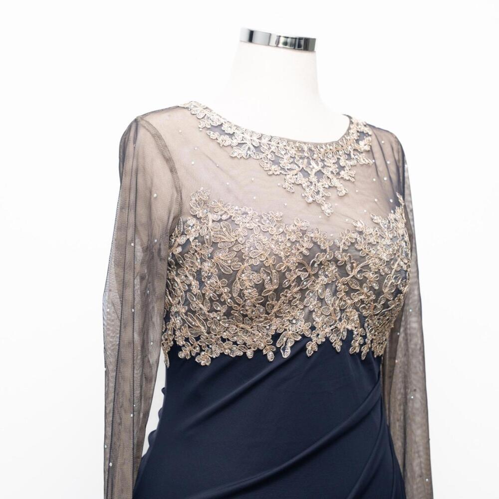 XSCAPE  Embellished Illusion-Bodice Ruched Gown Long Sleeve Modest sz 10P NWT - Picture 8 of 12